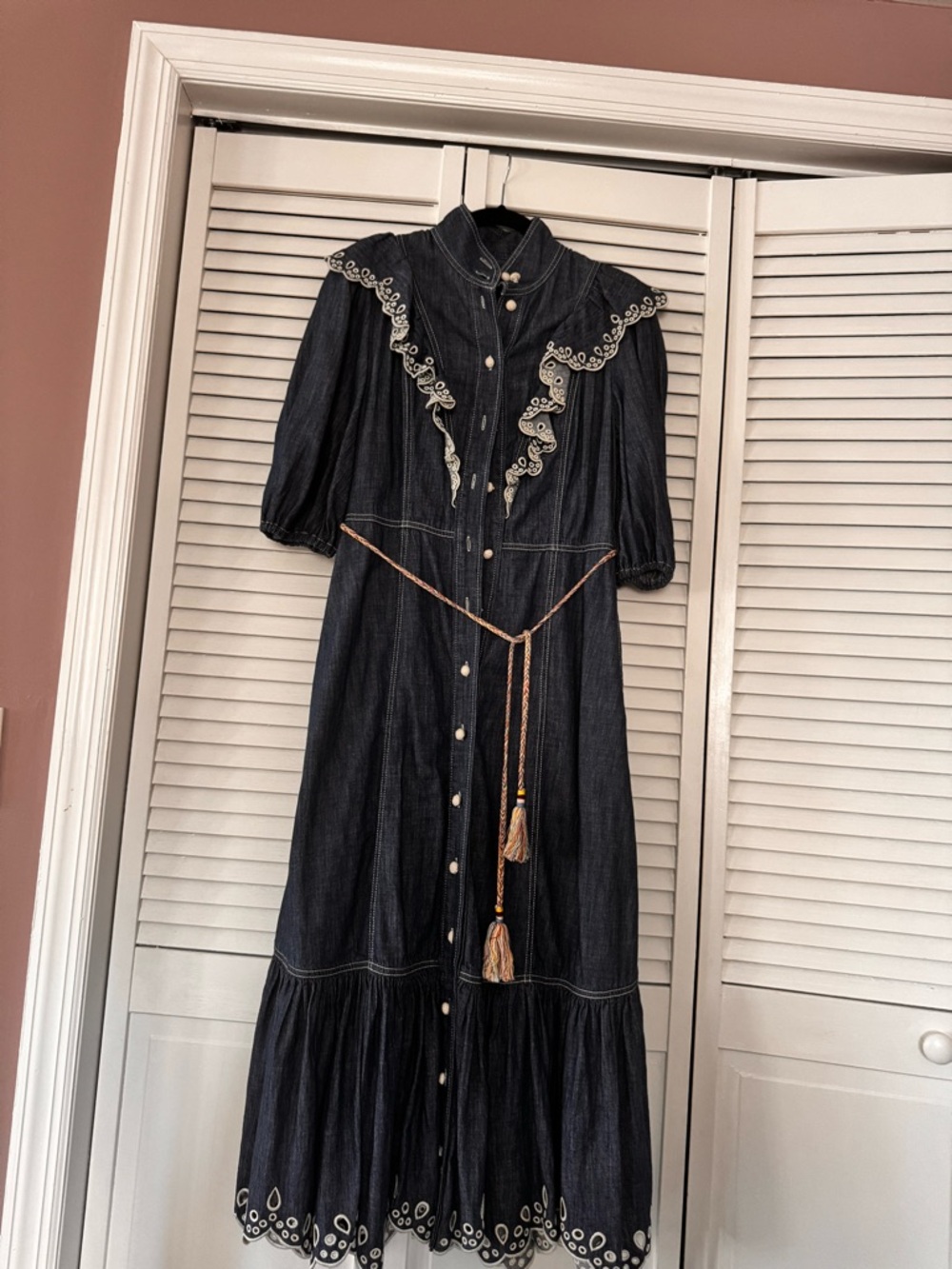 Zimmermann Dark Denim Button-Front Maxi Dress with Embroidered Ruffle